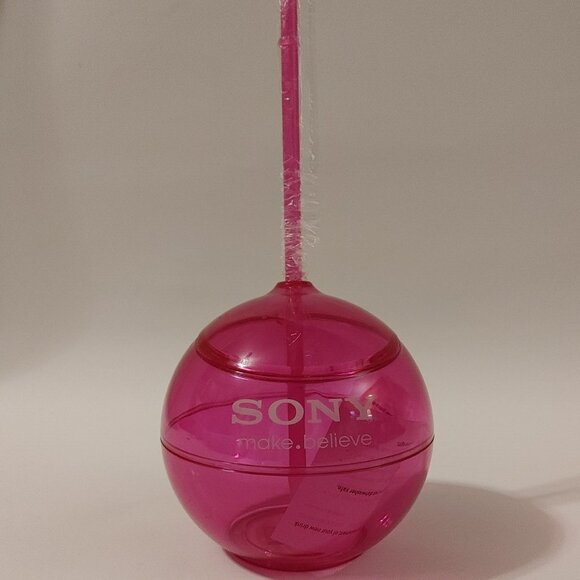 CUTE SONY Music Round Pink Sipper Water Bottle Travel Mug w/Straw BNIP - Picture 1 of 7